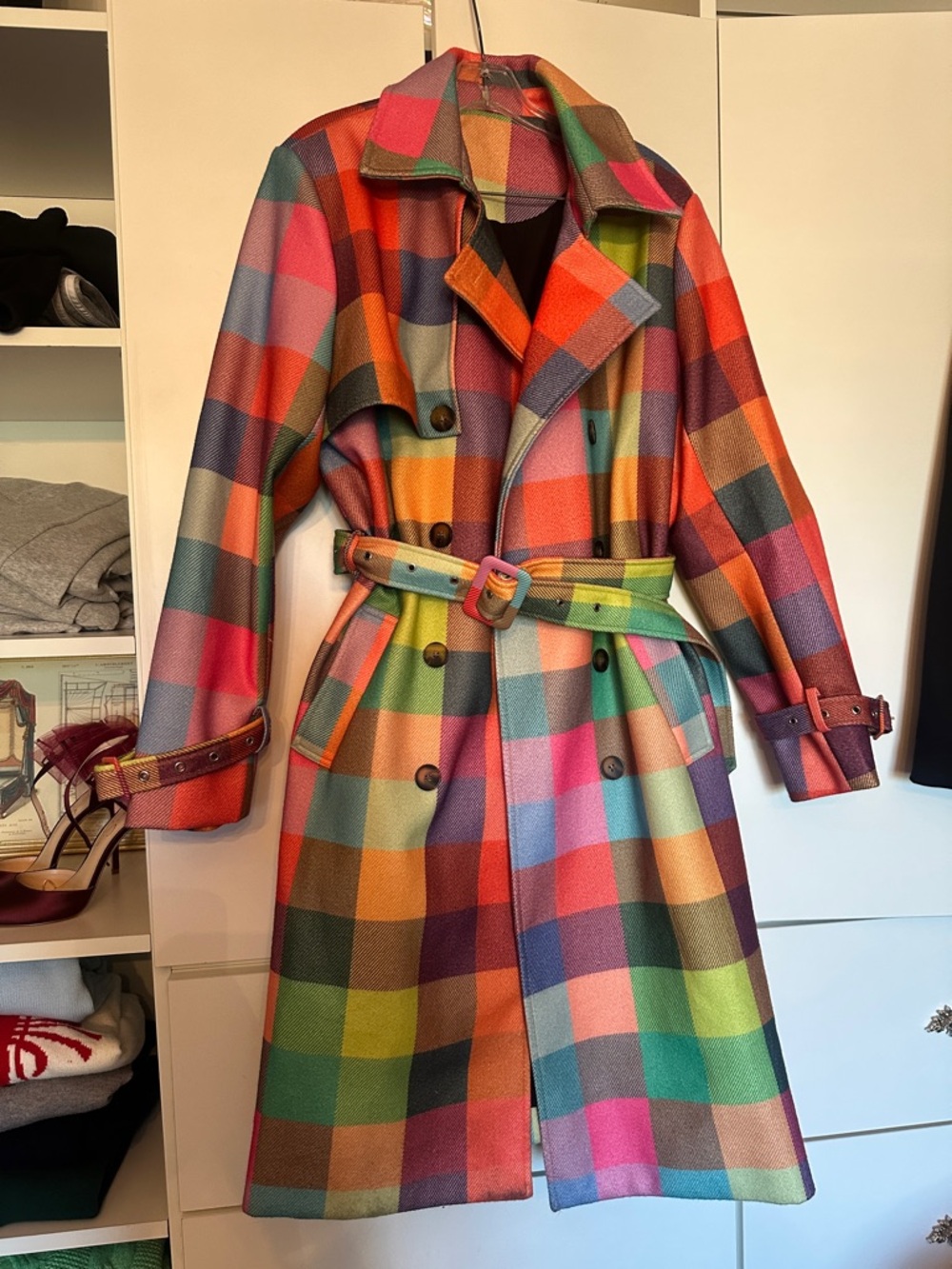 Vibrant Multi-Color Plaid Trench Coat